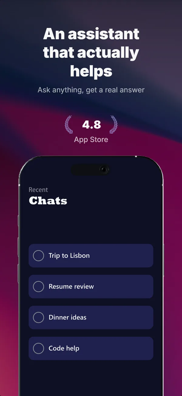 AI-generated App Store screenshot 1 of 5 for an AI assistant app, sharing one palette and type scale across the set