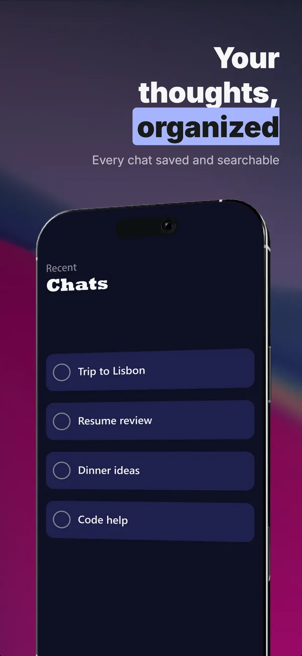 AI-generated App Store screenshot 2 of 5 for an AI assistant app, sharing one palette and type scale across the set