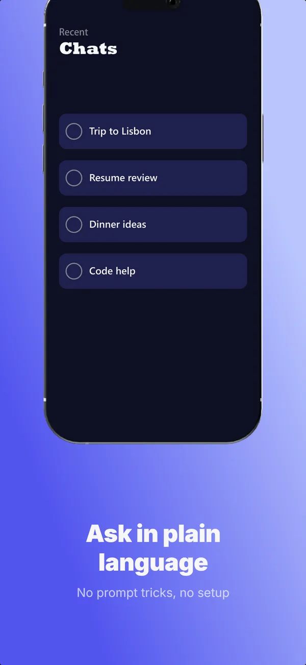 AI-generated App Store screenshot 3 of 5 for an AI assistant app, sharing one palette and type scale across the set