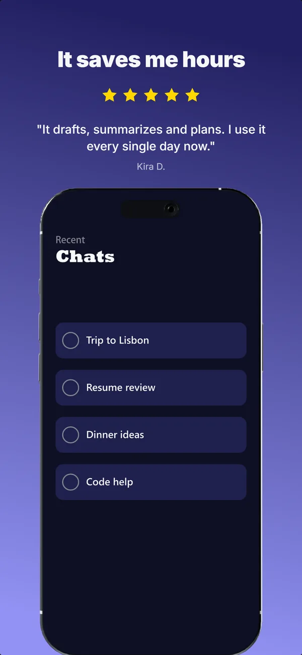 AI-generated App Store screenshot 4 of 5 for an AI assistant app, sharing one palette and type scale across the set