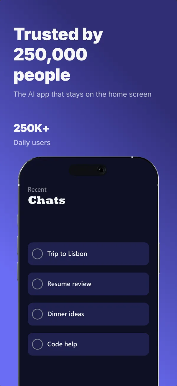 AI-generated App Store screenshot 5 of 5 for an AI assistant app, sharing one palette and type scale across the set