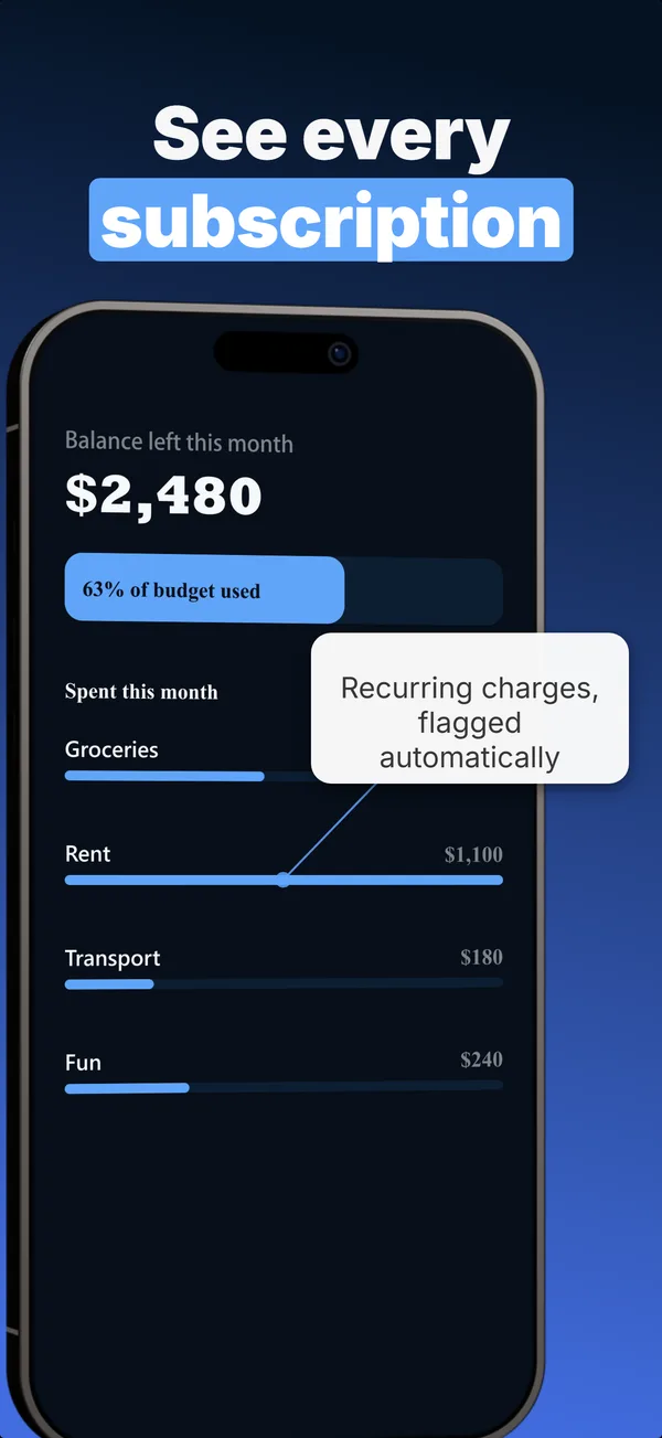 Budgeting app example, frame 4 of 5, showing the rule: one attention grabber
