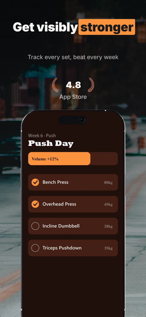 Rendered App Store screenshot, frame 1 of a fitness app set
