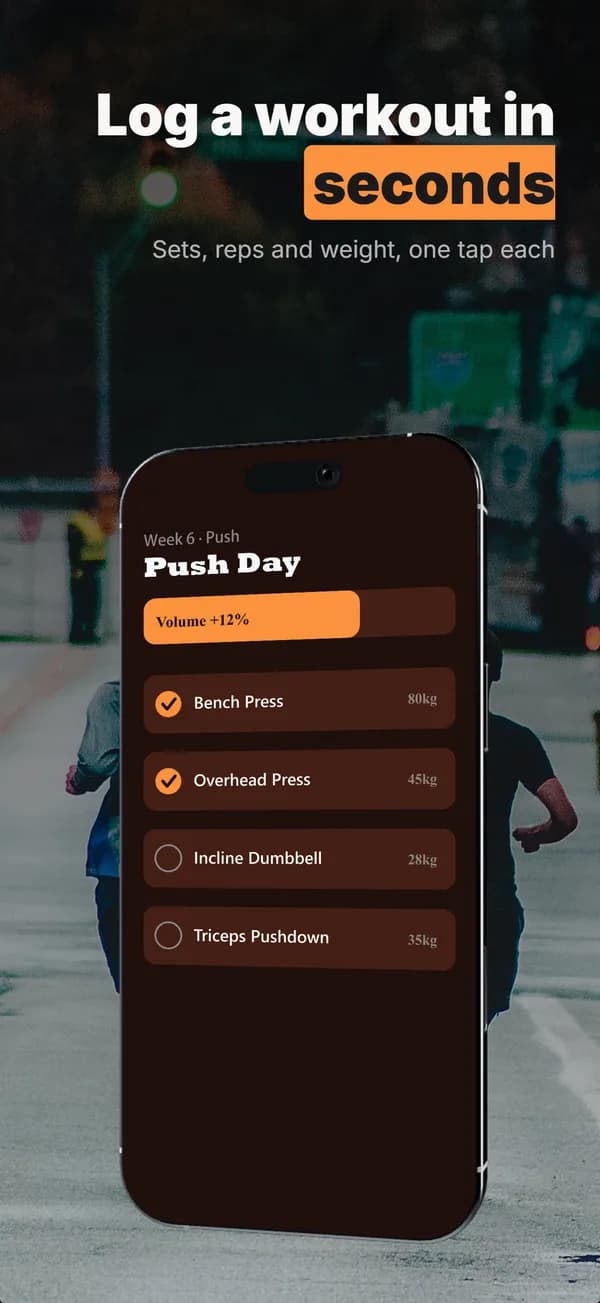 Rendered App Store screenshot, frame 2 of a fitness app set