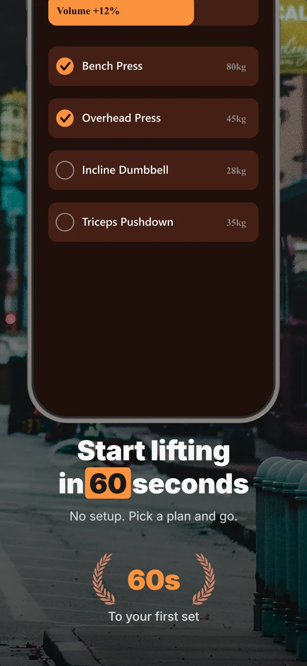 FitStreak App Store screenshot frame 3: Start lifting in 60 seconds