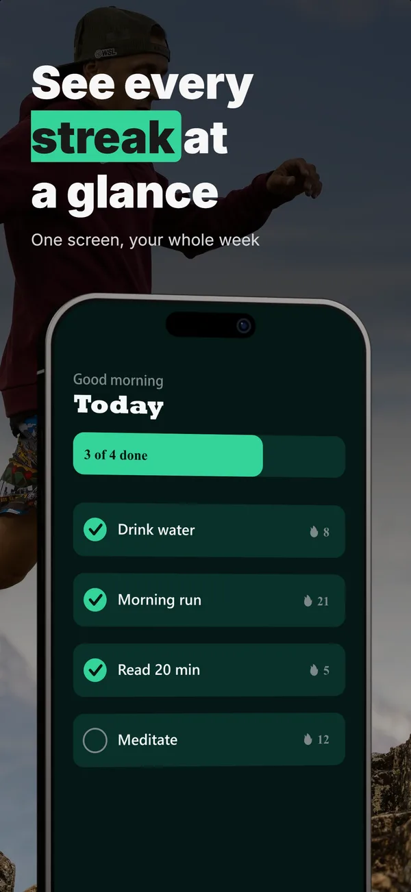 Habitly App Store screenshot frame 2: See every streak at a glance