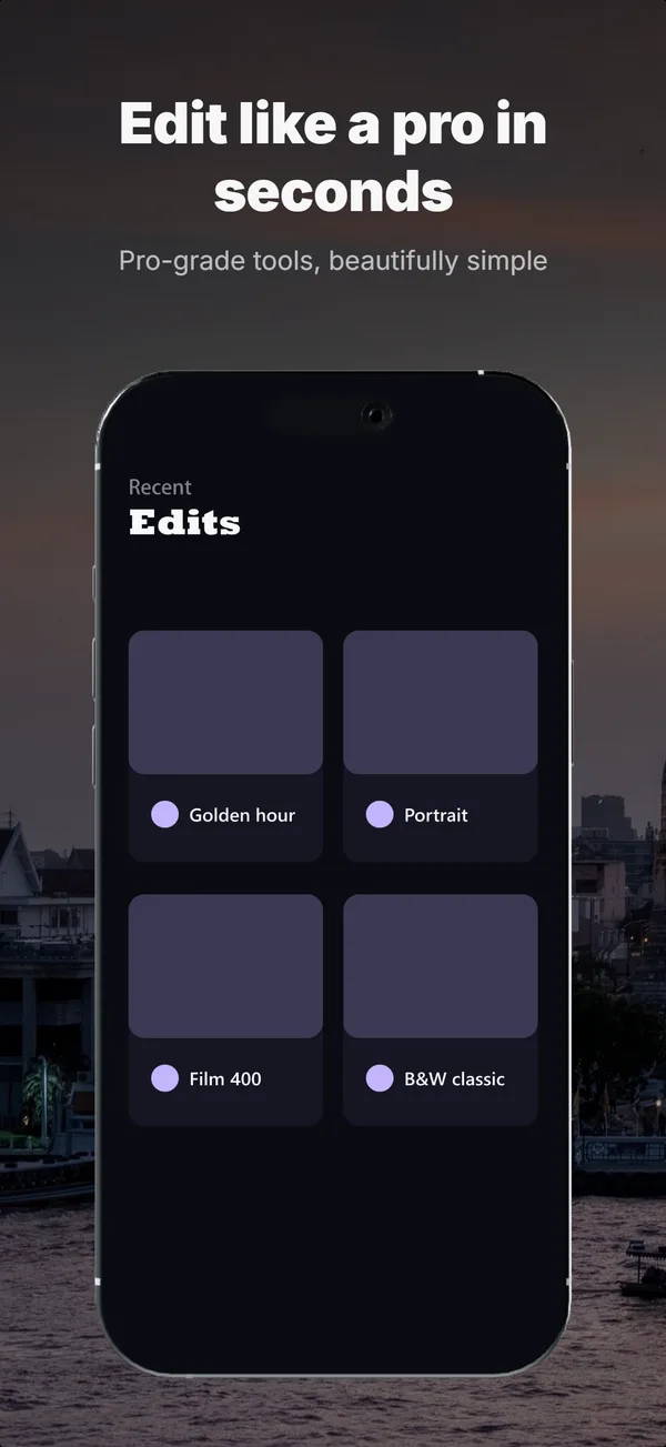 Generated App Store screenshot 1 of 5 for a photo editor app, sharing one palette and type scale across the set