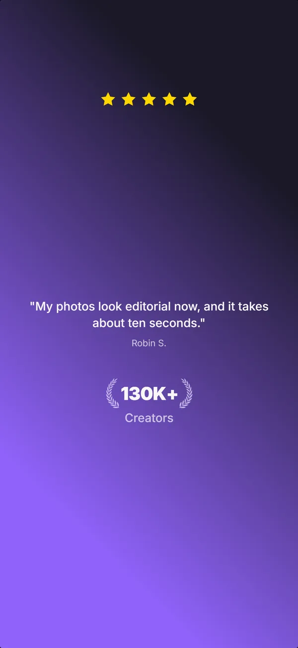 Generated App Store screenshot 5 of 5 for a photo editor app, sharing one palette and type scale across the set