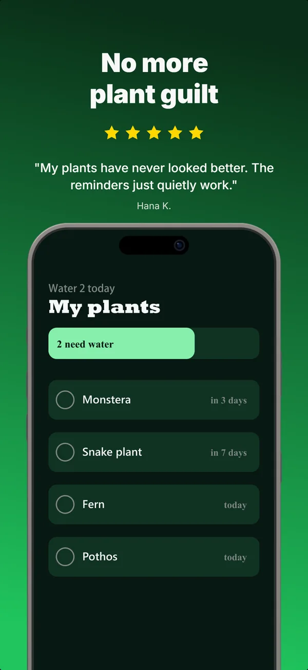 Sprig App Store screenshot frame 4: No more plant guilt