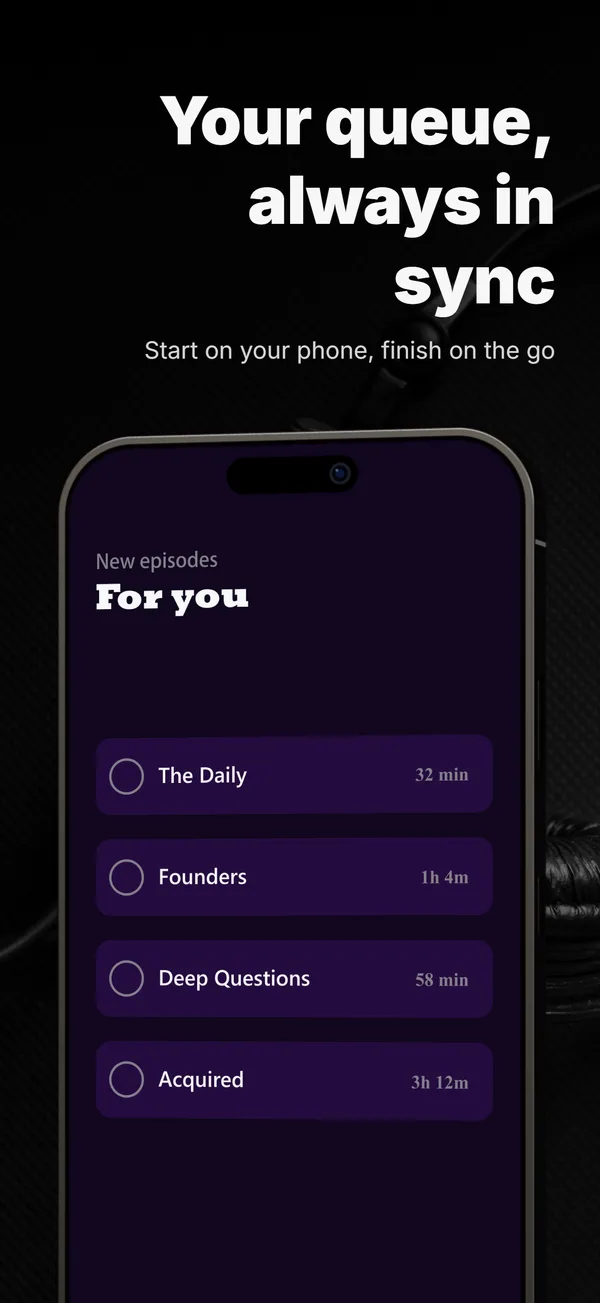 Audicle App Store screenshot frame 2: Your queue, always in sync