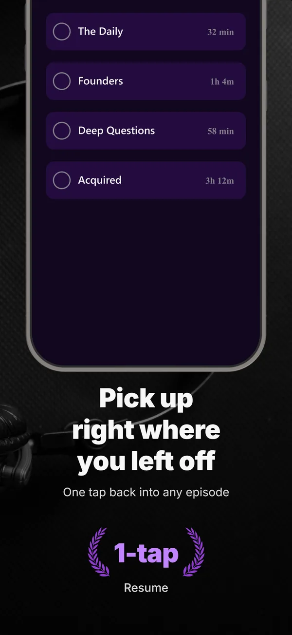 Audicle App Store screenshot frame 3: Pick up right where you left off