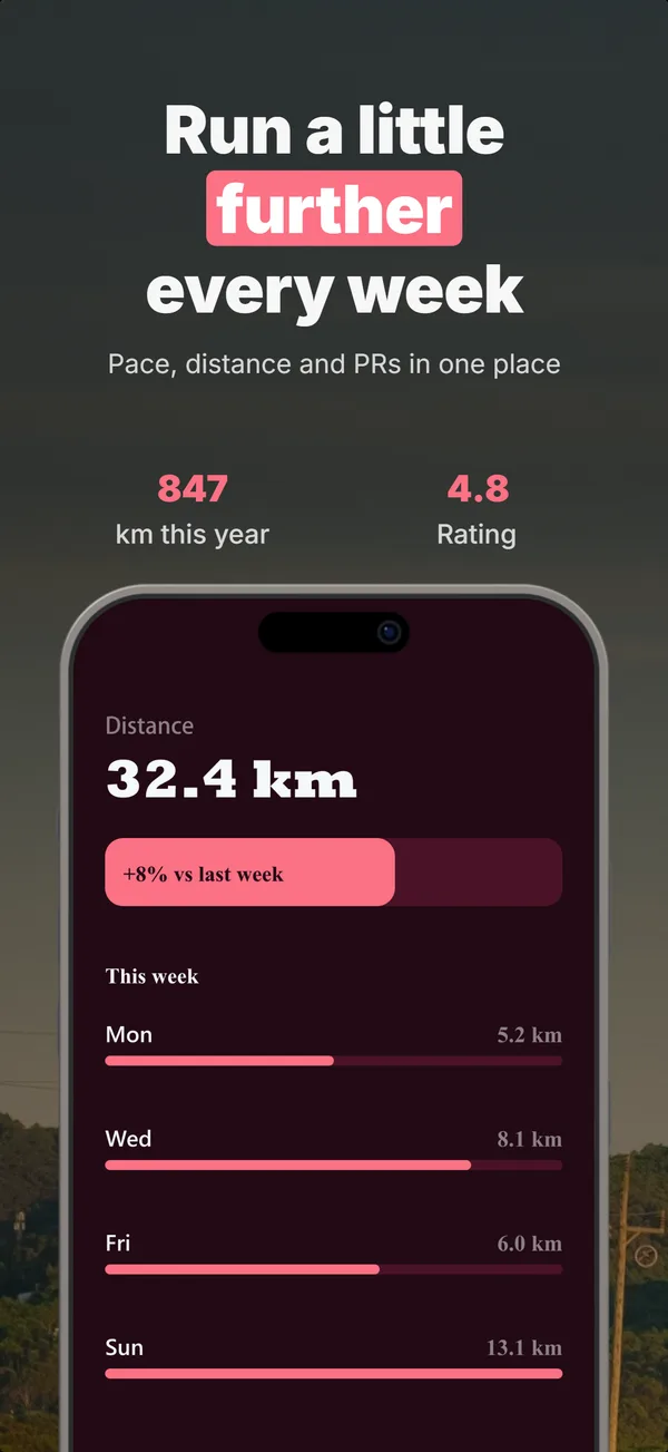 Generated store listing screenshot 1 of 5 for a running tracker app, sharing one palette and type scale across the set