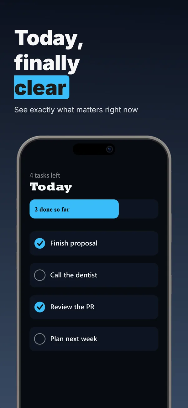 Cleartask App Store screenshot frame 2: Today, finally clear
