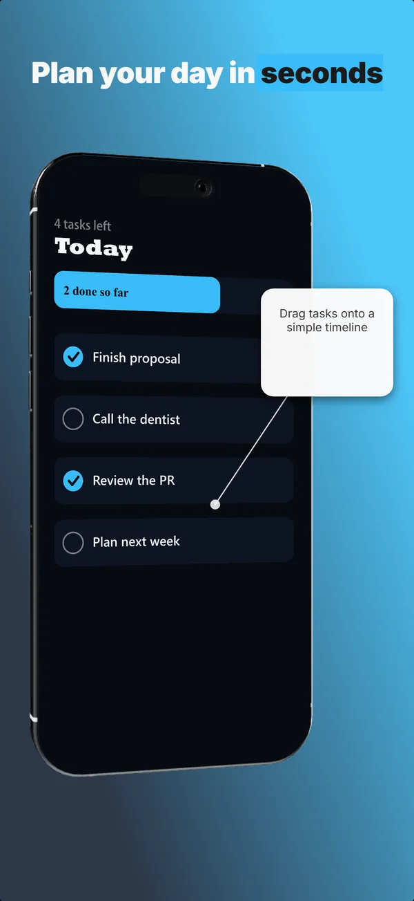 Cleartask App Store screenshot frame 3: Plan your day in seconds