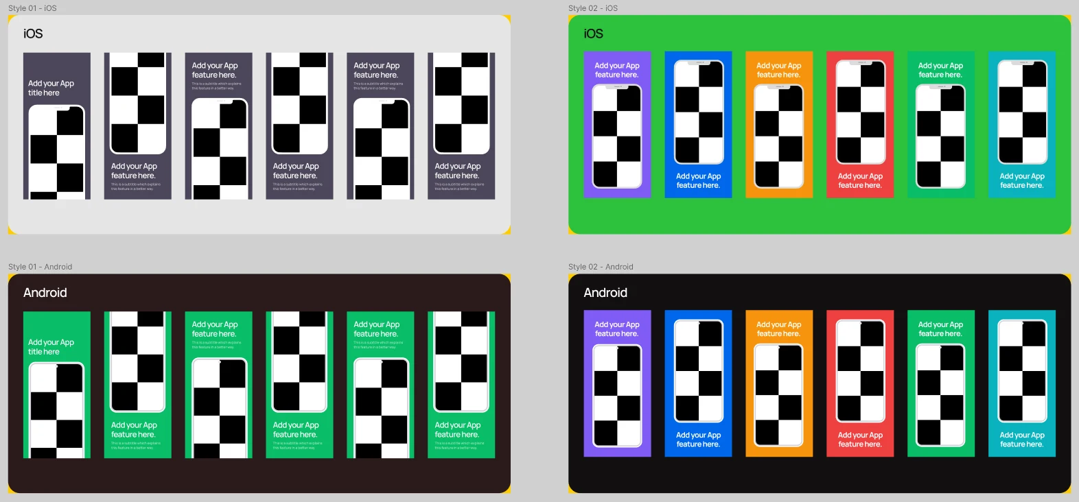 The Figma file: Style 01 and Style 02 screenshot sets for iOS and Android, six slides each